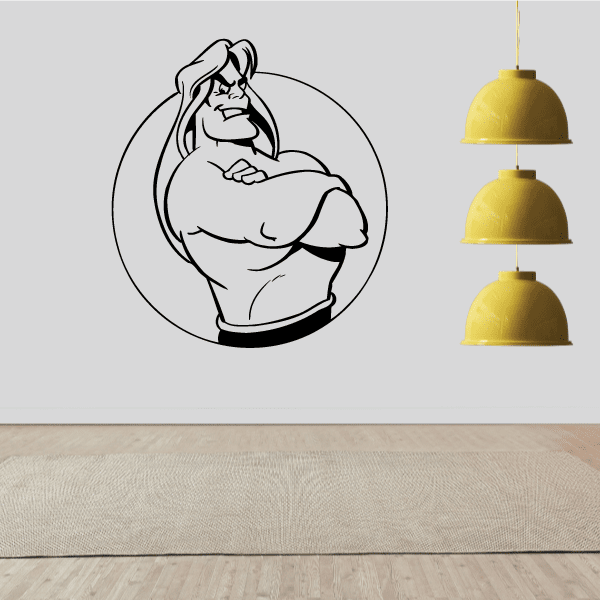 Wrestling cartoon decal of a wrestler posing inside a bold circle outline