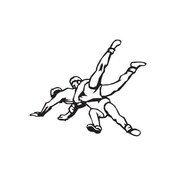 Wrestling take down decal featuring two grappling wrestlers, black silhouette
