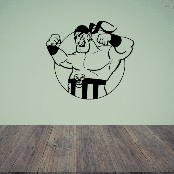 Wrestling wall decal vinyl sticker of a cartoon muscular wrestler with hat and vest.