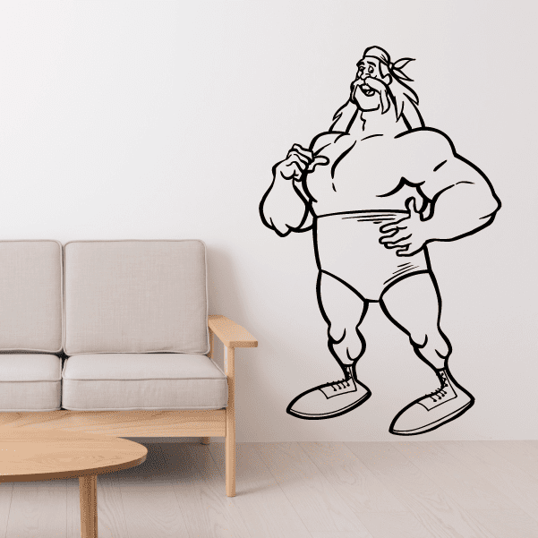 Wrestling wall decal featuring a stylized wrestler in monochrome line art