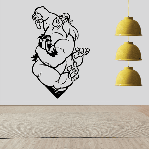 Wrestling wall decal vinyl sticker with cartoon wrestler carrying dumbbells, black outline