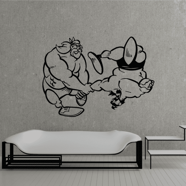 Wrestling wall decal of two cartoon wrestlers grappling in black outline