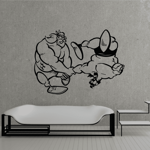 Wrestling wall decal of two cartoon wrestlers grappling in black outline
