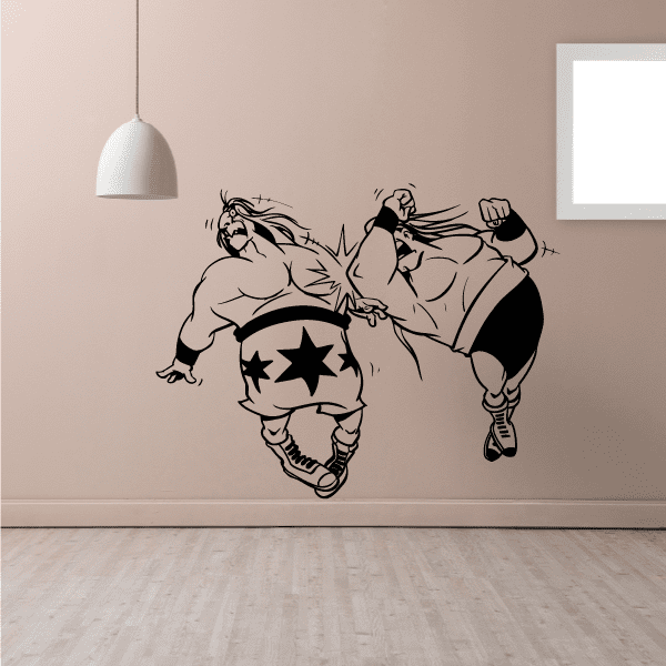 Wrestling wall decal vinyl sticker set with black grappling wrestlers and star emblem trunks