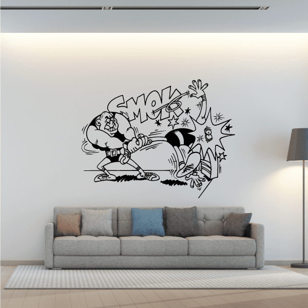 Wrestling-themed vinyl wall decal with cartoon grappler and stars, black outline.