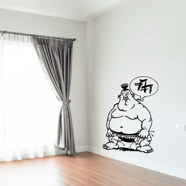 Wrestling wall vinyl decal with cartoon sumo wrestler holding a speech bubble icon
