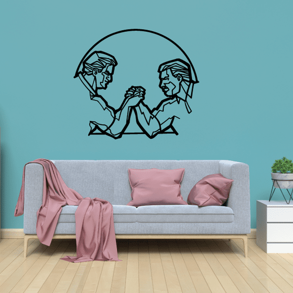 Vinyl wrestling wall decal with two grappling wrestlers inside a circle