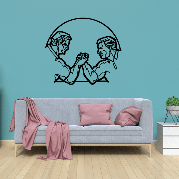 Vinyl wrestling wall decal with two grappling wrestlers inside a circle