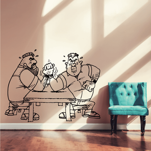 Wrestling vinyl wall decal with two wrestlers holding hands and cheering