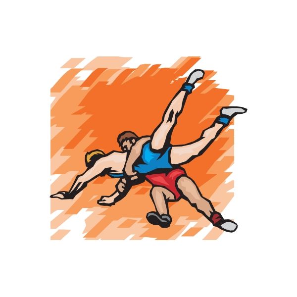 Wrestling wall decal sticker of two grappling athletes in blue and red on orange burst