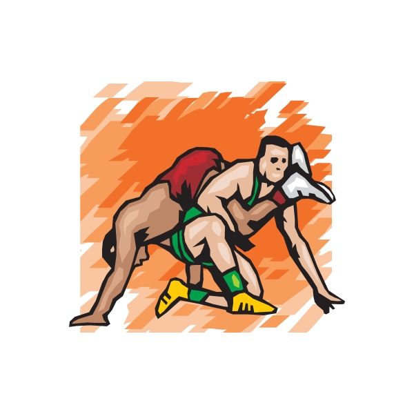 Wrestling wall decal sticker with two grappling wrestlers in green and red on orange