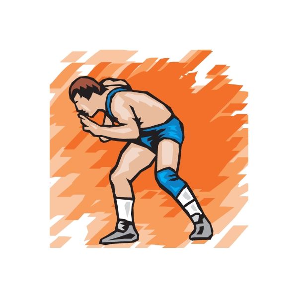 Wrestling wall decal sticker: cartoon wrestler in blue singlet, orange action burst