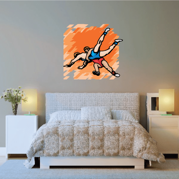 Vinyl wrestling wall decal sticker with two grappling wrestlers in blue and orange