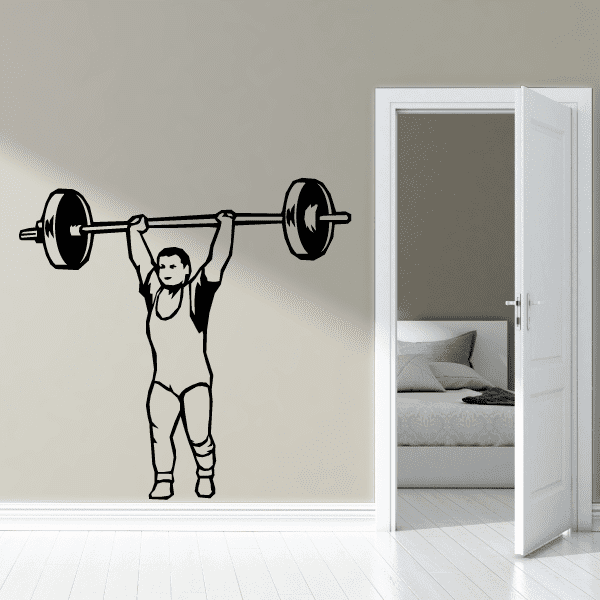 Weightlifting training decal with cartoon wrestler lifting barbell in black line art