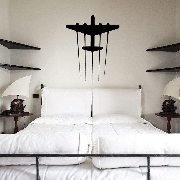 WWI bomber aircraft wall decal, black plane silhouette with five hanging rod accents