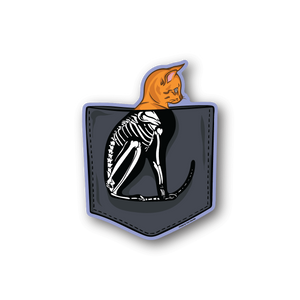 Cat x-ray vinyl sticker: orange cat and white skeleton in shield