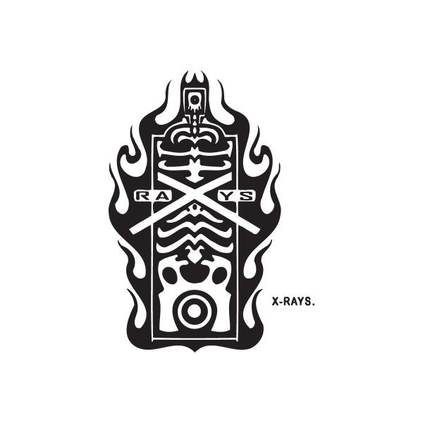 X-RAYS spray paint can decal, black flame crest with crossed arrows and X-RAYS text