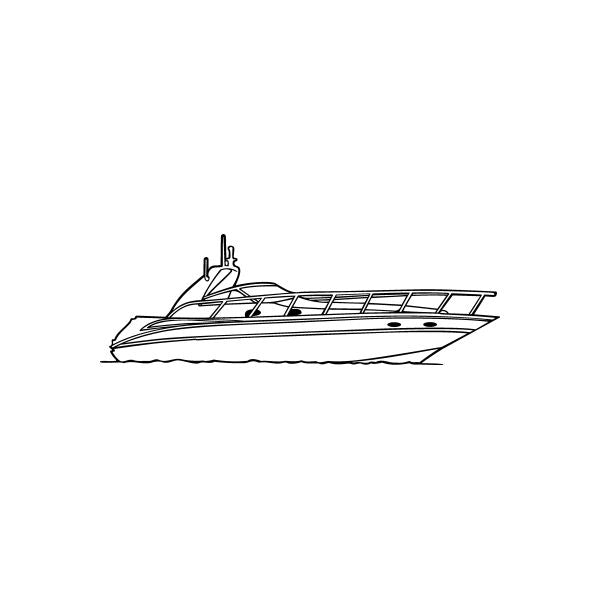Yacht decal: black line-art yacht with cabin, deck railing, and porthole details