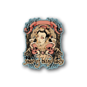 Vinyl sticker with blonde woman and horns, 'Year of Bling Day' lettering