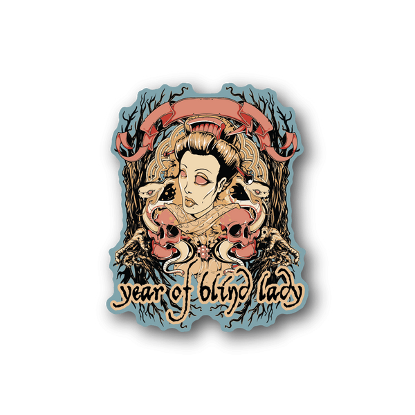 Vinyl sticker with blonde woman and horns, 'Year of Bling Day' lettering