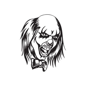 Yelling bald clown head decal with black-and-white illustration, open mouth and sharp grin