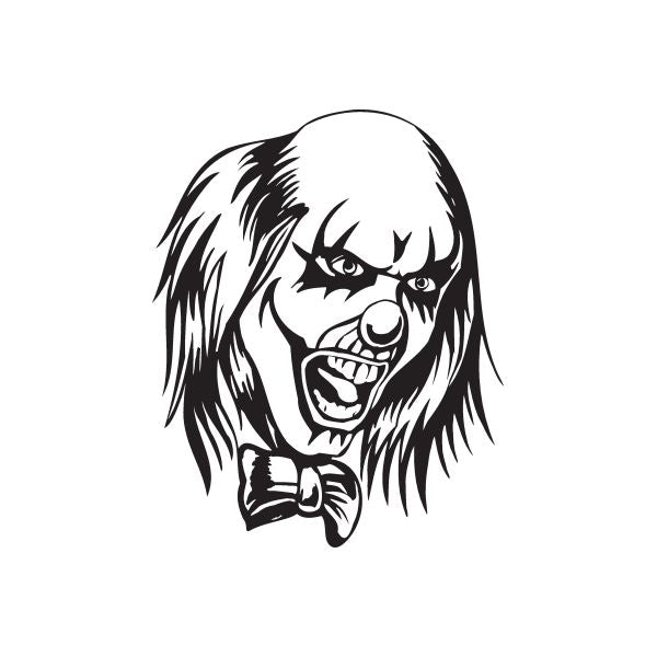 Yelling bald clown head decal with black-and-white illustration, open mouth and sharp grin