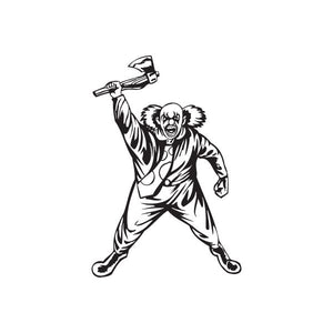 Clown with axe decal, screaming jester holding an axe overhead