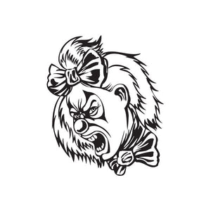 Yelling clown face decal with hair up and bow, black and white outline