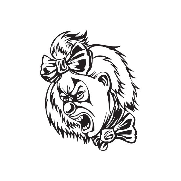 Yelling clown face decal with hair up and bow, black and white outline