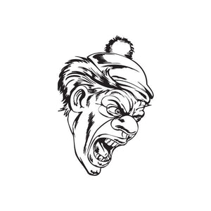 Clown head decal with black-and-white line art, yelling expression