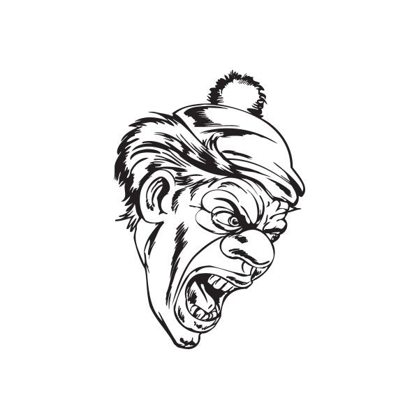 Clown head decal with black-and-white line art, yelling expression