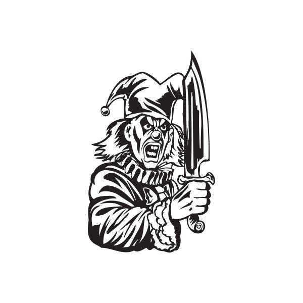 Black-and-white jester knife decal, screaming jester holding a dagger