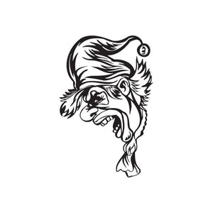 Black-and-white jester face decal with long tie, hand-drawn line art.