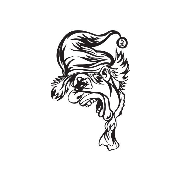 Black-and-white jester face decal with long tie, hand-drawn line art.