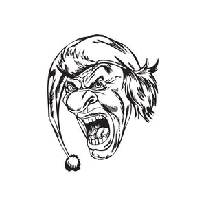 Yelling jester head decal with open mouth and long hair, black and white