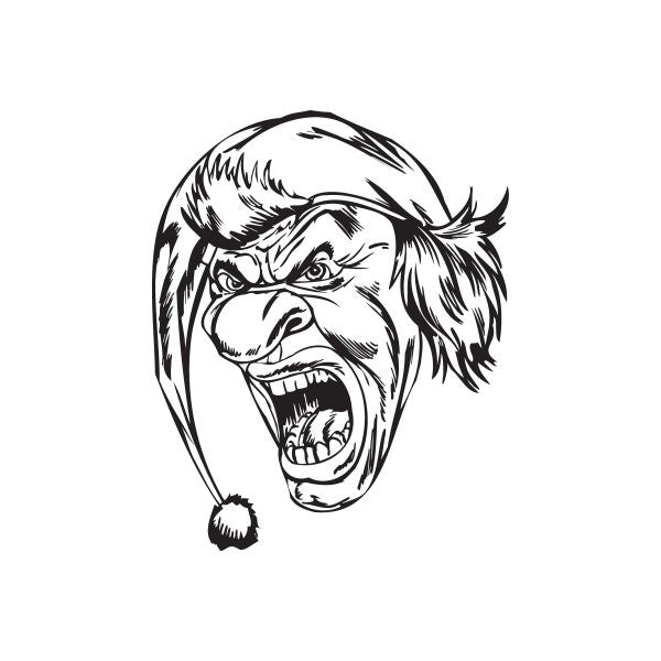 Yelling jester head decal with open mouth and long hair, black and white