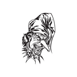 Long-nose jester head decal with black-and-white yelling face and hat