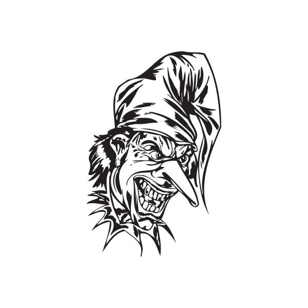 Long-nose jester head decal with black-and-white yelling face and hat