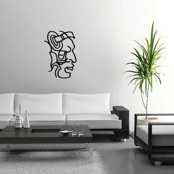 Yelling Mayan face decal, black line art outline