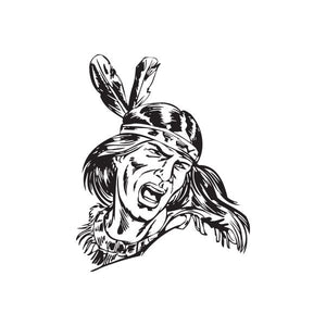 Black-and-white Native American warrior decal with feather headdress, shouting profile