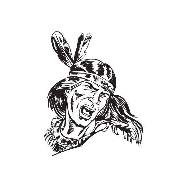 Black-and-white Native American warrior decal with feather headdress, shouting profile