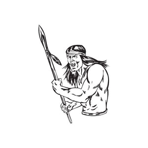 Native American warrior decal in black line art, yelling, holding a spear