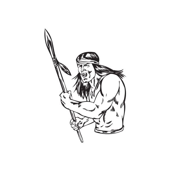 Native American warrior decal in black line art, yelling, holding a spear