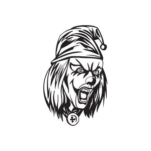 Jester head decal with yelling painted face, black-and-white line art