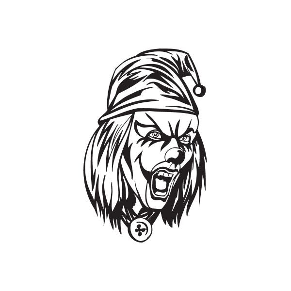 Jester head decal with yelling painted face, black-and-white line art