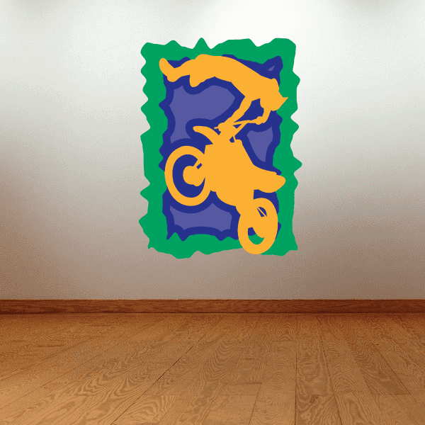 Dirt bike decal with yellow rider over dark blue background, green wavy border