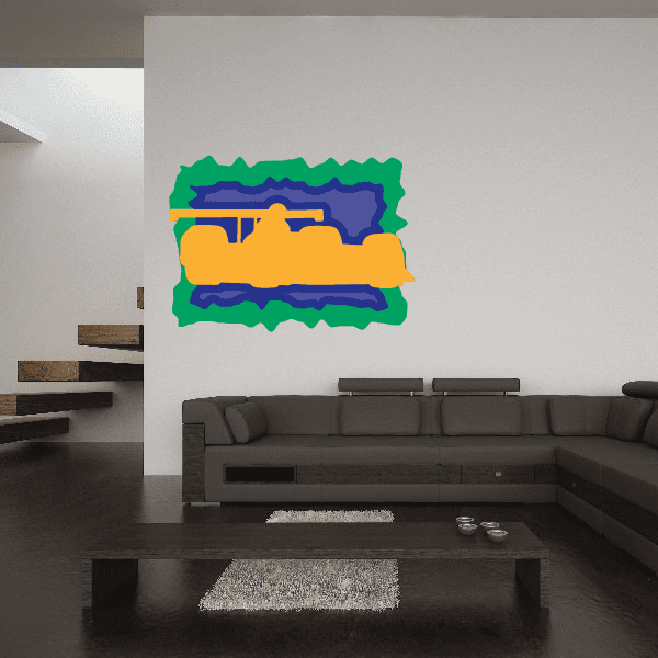 Race car decal sticker with yellow car and green blue outline graphic