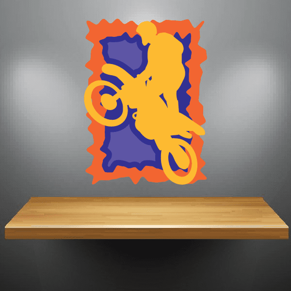 Dirt bike rider sticker with yellow and blue design, orange border.