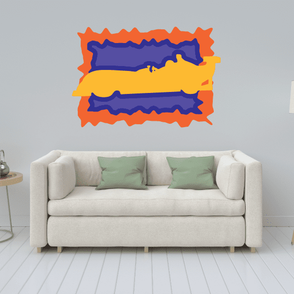 Race car sticker with orange and yellow body and blue racing stripes