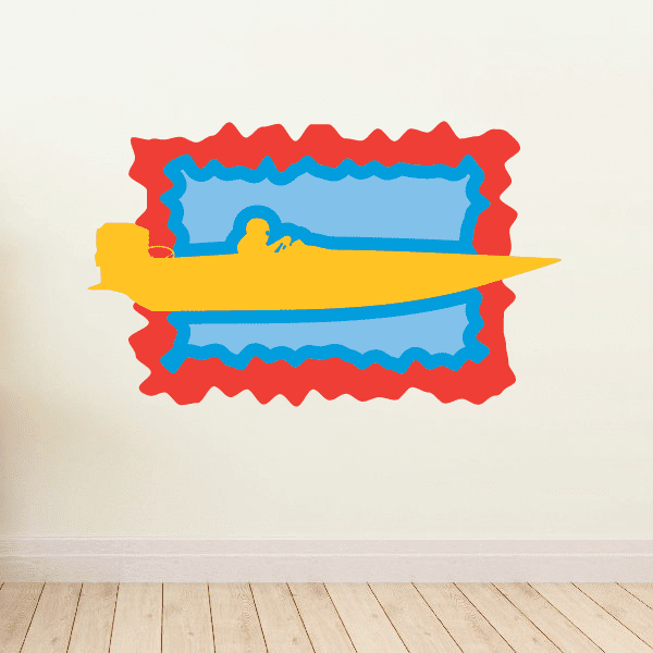 Race boat sticker with yellow hull, blue cabin, and red wavy border